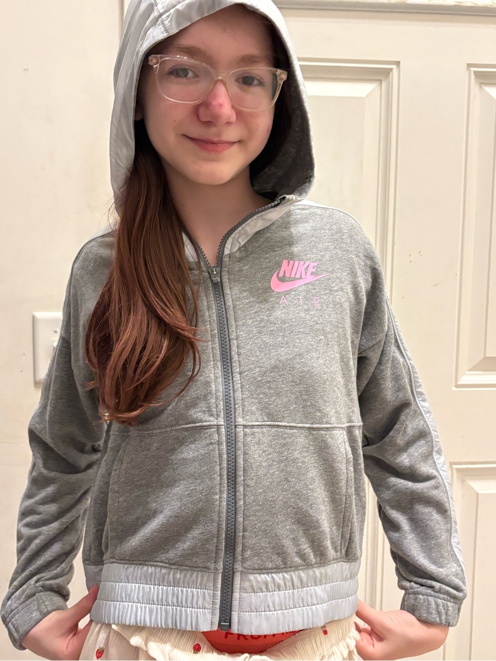 Nike Girls' Gray Hoodie with Pink Logo